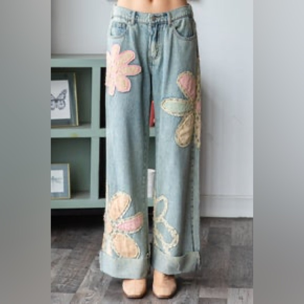 Oli + Hali Washed Flower Patch Denim Pants